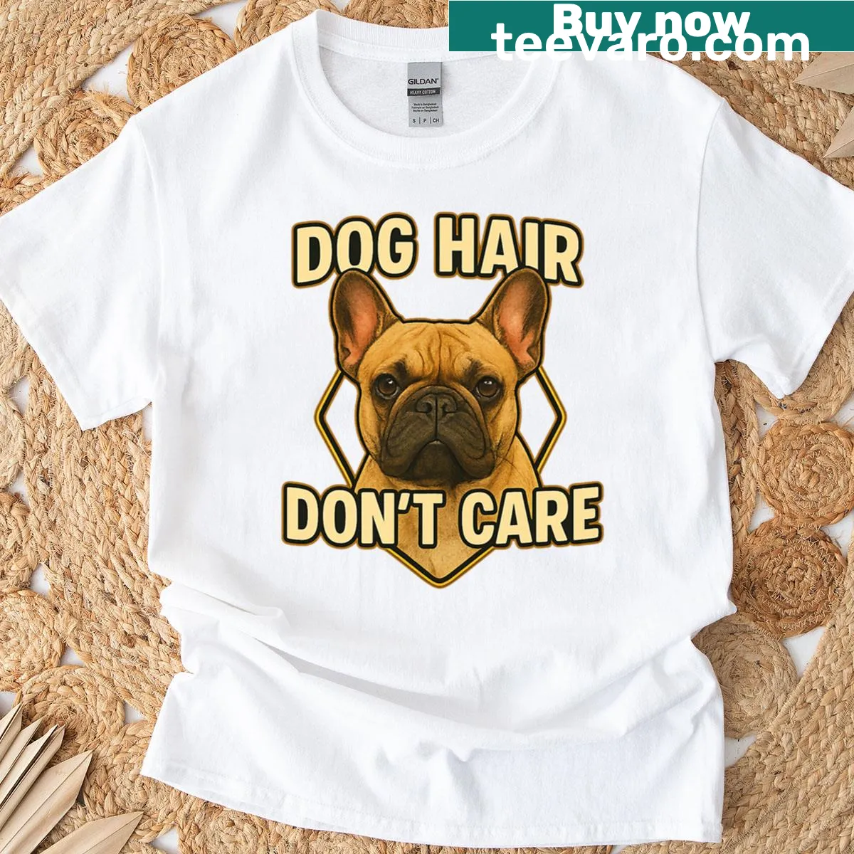 Playful typography t-shirt for dog lovers with the phrase 'Dog Hair Don't Care' — on a men's t-shirt