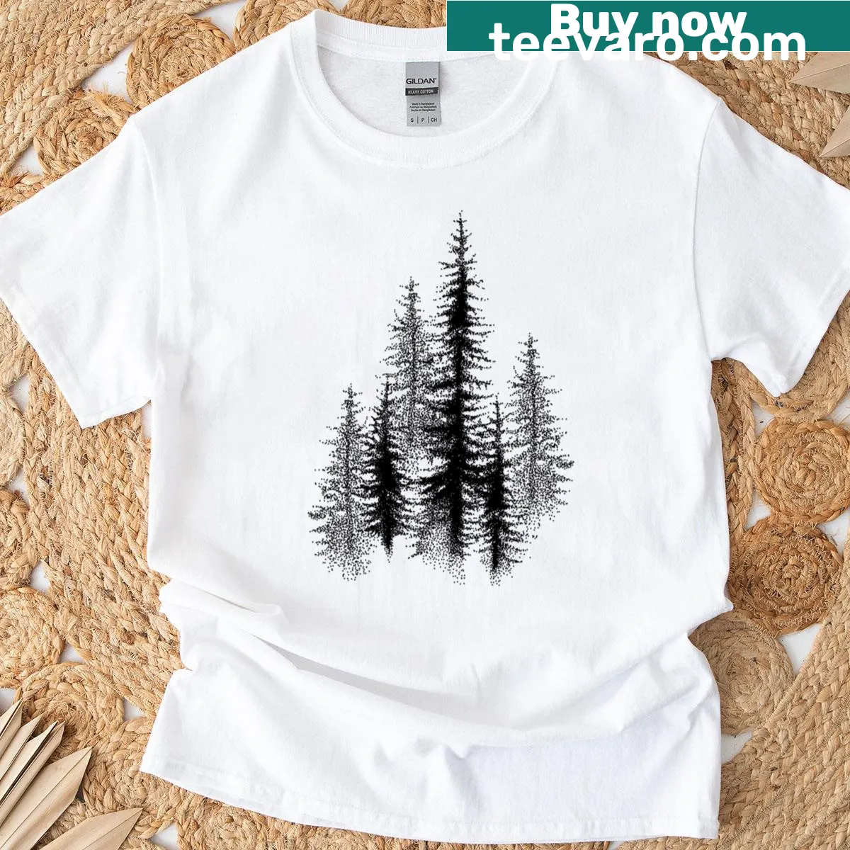 Dotwork illustration of a Scandinavian forest on a T-shirt — on a men's t-shirt