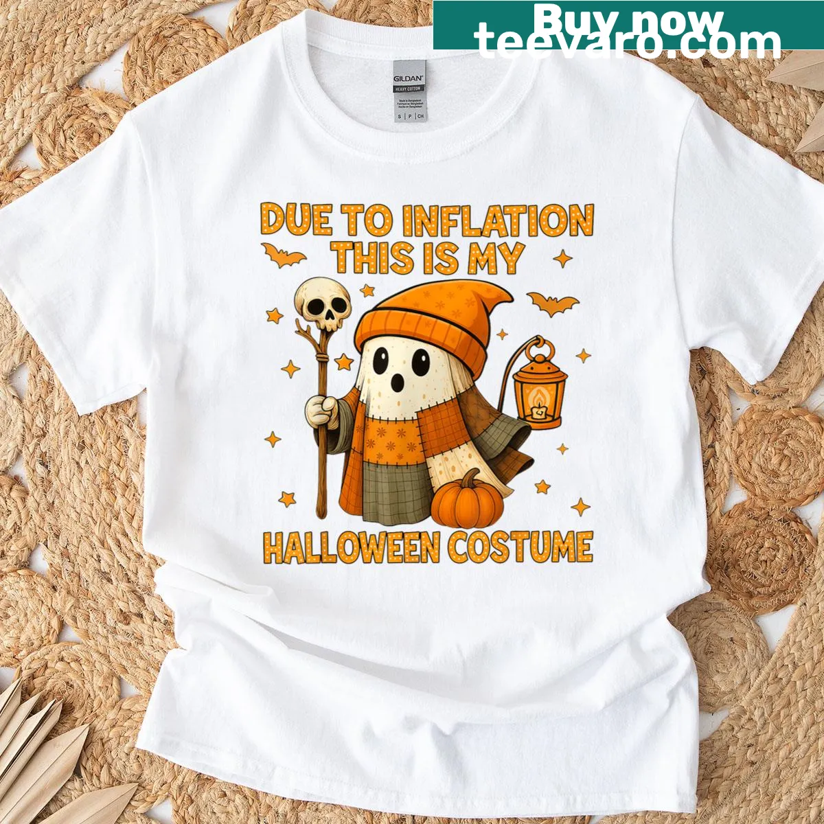 Humorous Halloween T-shirt with a ghost and inflation-themed text — on a men's t-shirt