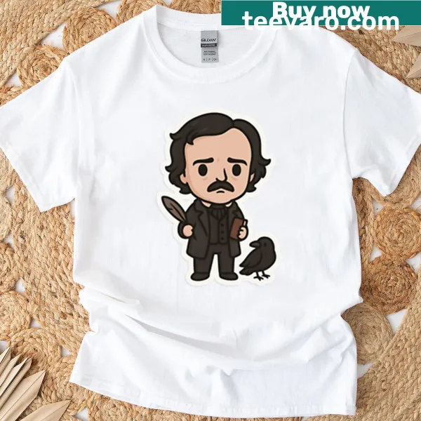 Chibi illustration of Edgar Allan Poe on a T-shirt