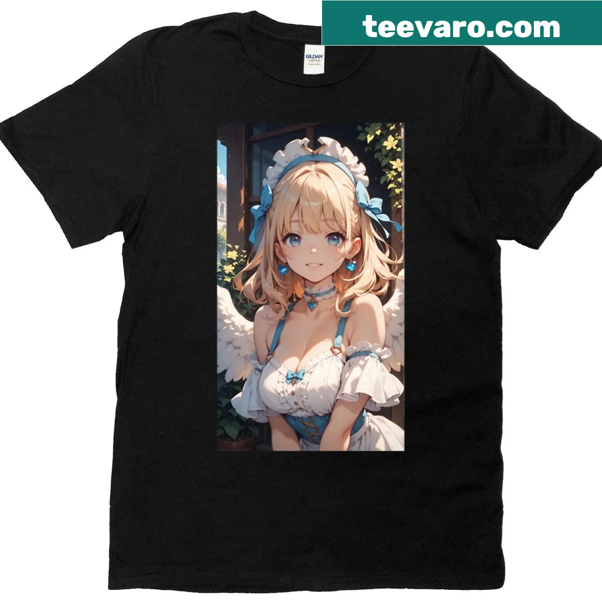 T-shirt featuring 'Elena Charity: The Angel Of Kind Devotion' text — on a men's t-shirt