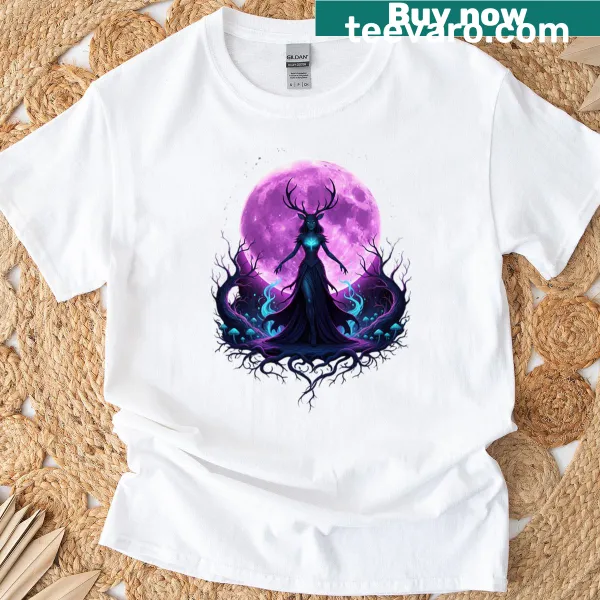 Illustration of a forest guardian in an enchanted setting on a t-shirt
