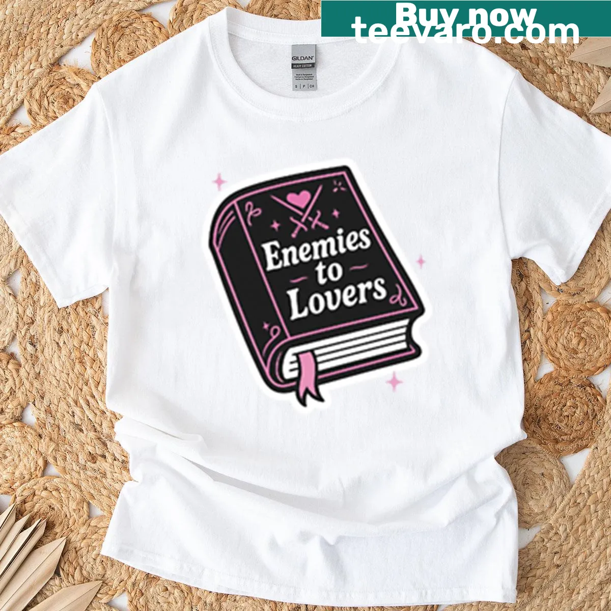 T-shirt with 'Enemies To Lovers' design, ideal for book lovers — on a men's t-shirt