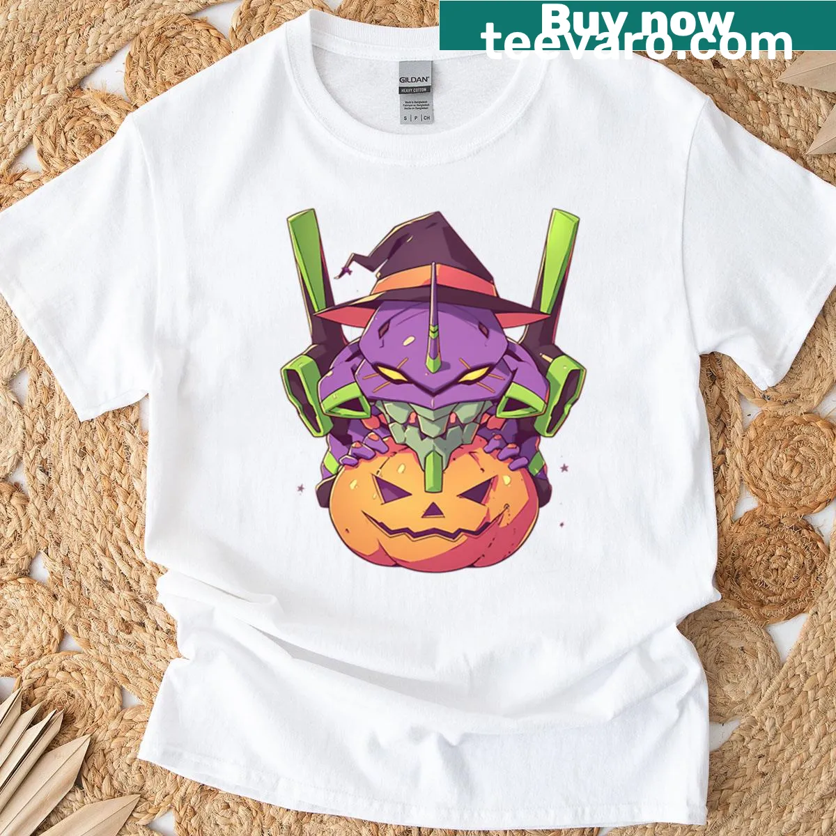 Chibi Unit 01 as a witch with pumpkins on a T-shirt — on a men's t-shirt