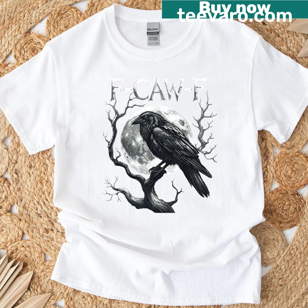 Gothic Halloween t-shirt featuring a raven and moon — on a men's t-shirt