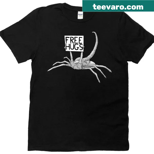 Xenomorph face hugger graphic T-shirt with 'Free Hug' text