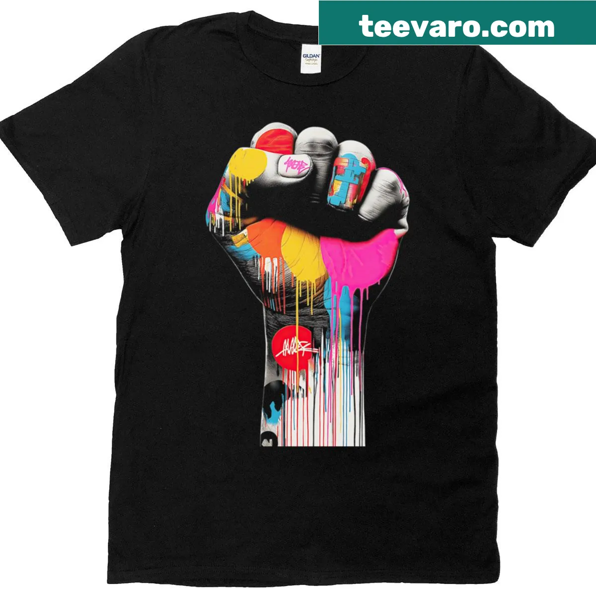 Bold raised fist graphic on a rebellion-themed T-shirt — on a men's t-shirt