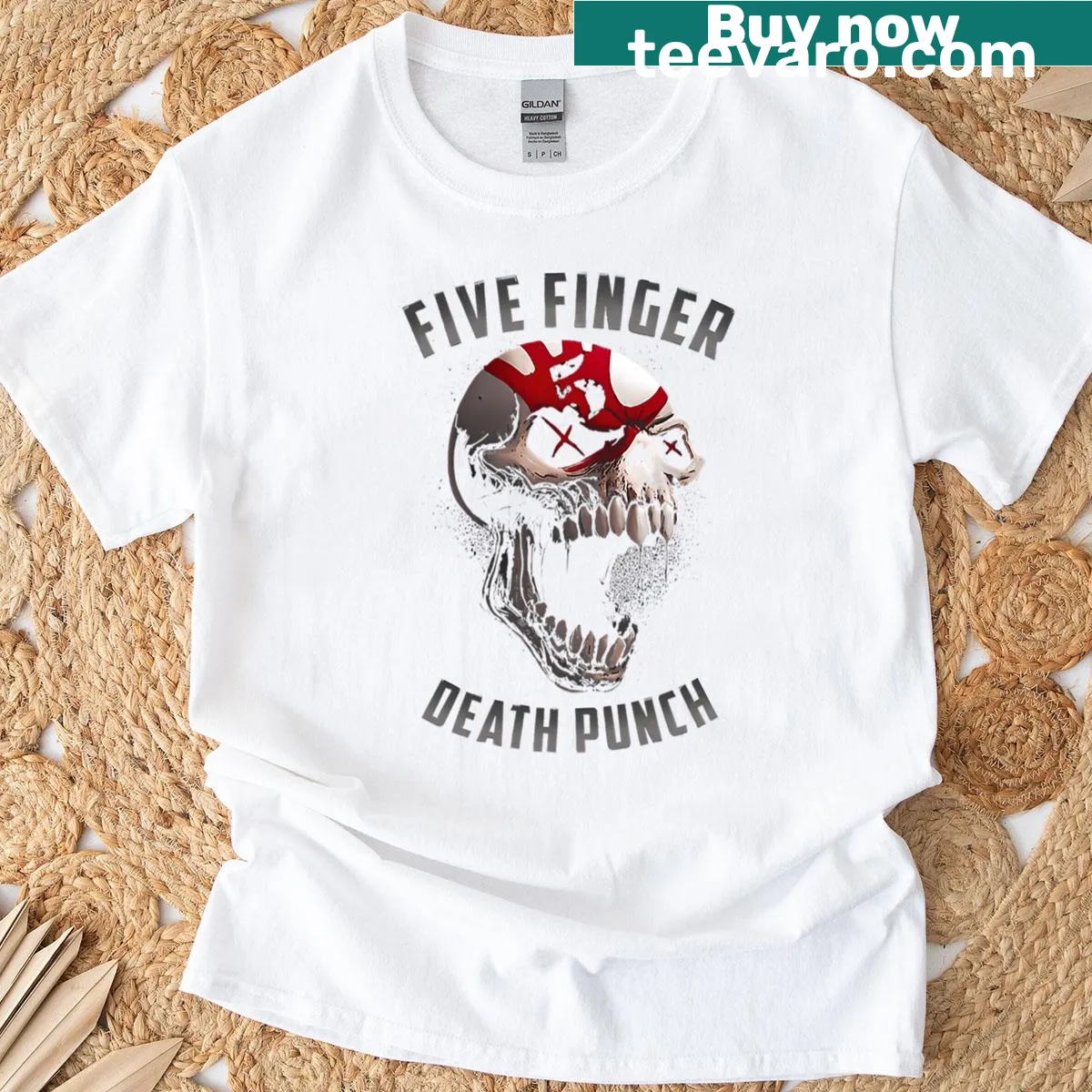 Dark atmospheric graphic inspired by Five Finger Death Punch on a T-shirt — on a men's t-shirt