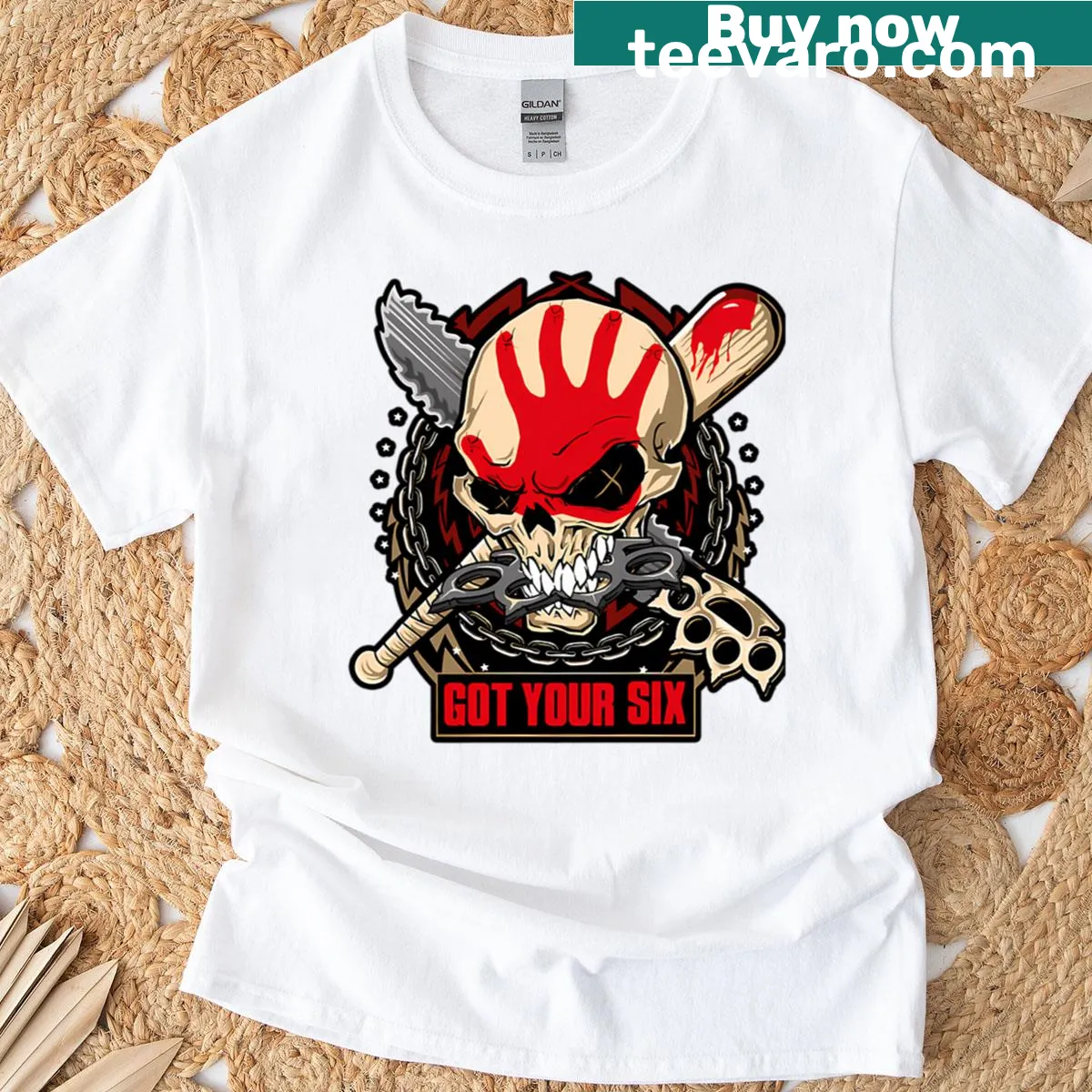 Whimsical fantasy concept art t-shirt inspired by Five Finger Death Punch — on a men's t-shirt