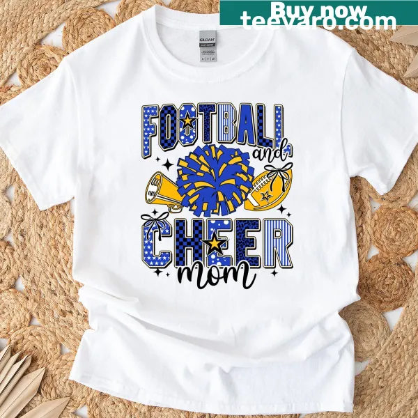 Blue and gold Cheer Mom t-shirt with motivating illustration
