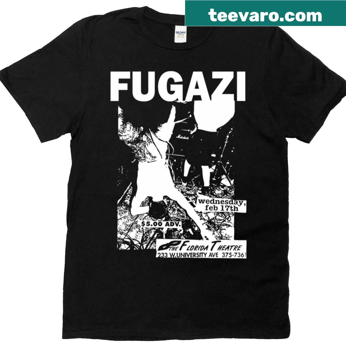 Vintage distressed Fugazi band graphic on t-shirt — on a men's t-shirt