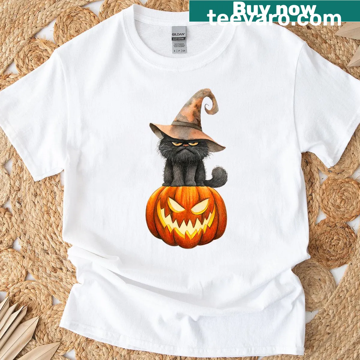 Halloween T-shirt featuring a black cat witch and pumpkin design — on a men's t-shirt