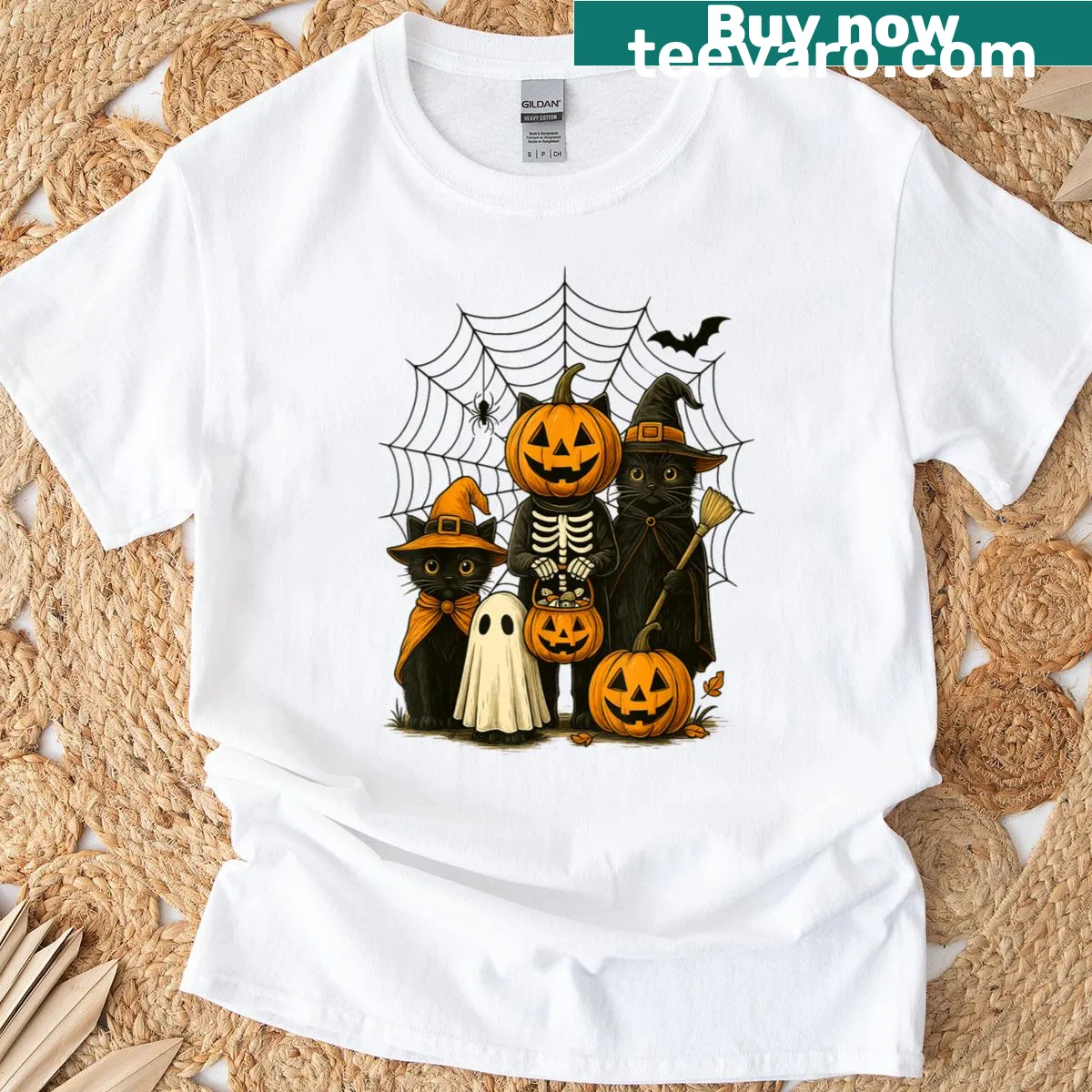 Black cat with witch hat on pumpkin for Halloween-themed t-shirt — on a men's t-shirt