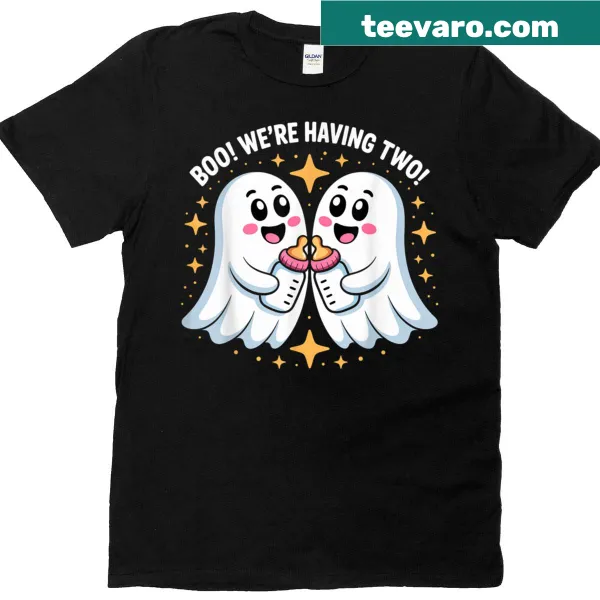 Halloween reveal T-shirt with ghosts and the text 'Boo! We're Having Two!'