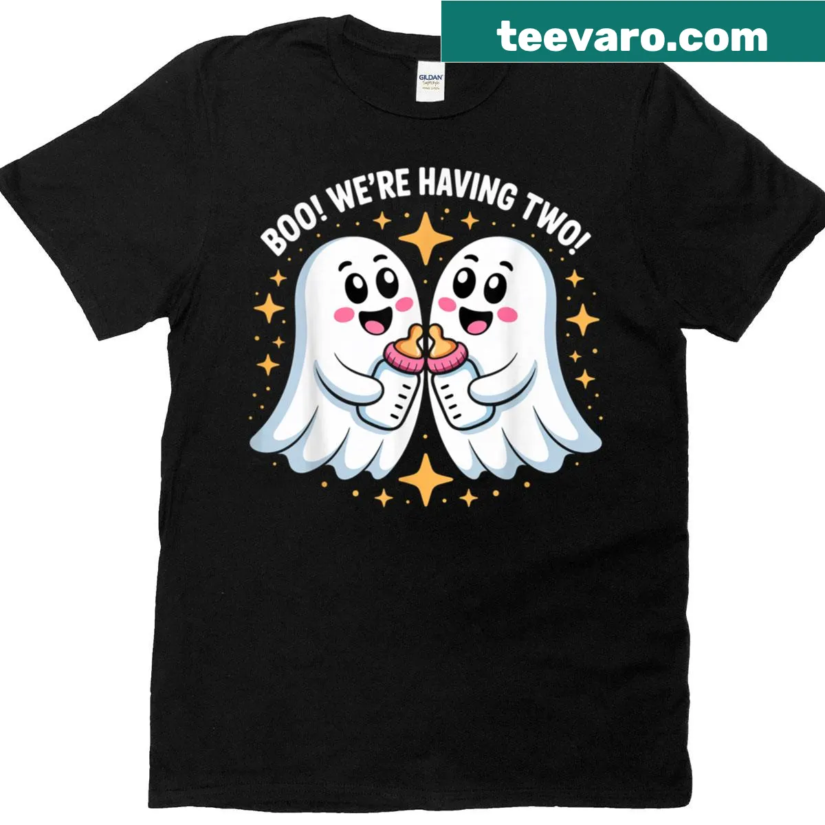 Halloween reveal T-shirt with ghosts and the text 'Boo! We're Having Two!' — on a men's t-shirt