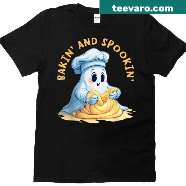 Cute Halloween-themed baking t-shirt with whimsical baking tools