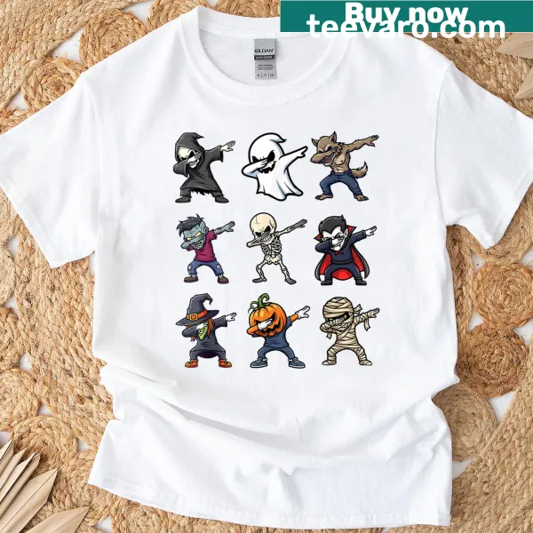 T-shirt featuring a dabbing skeleton, pumpkin, and grim reaper