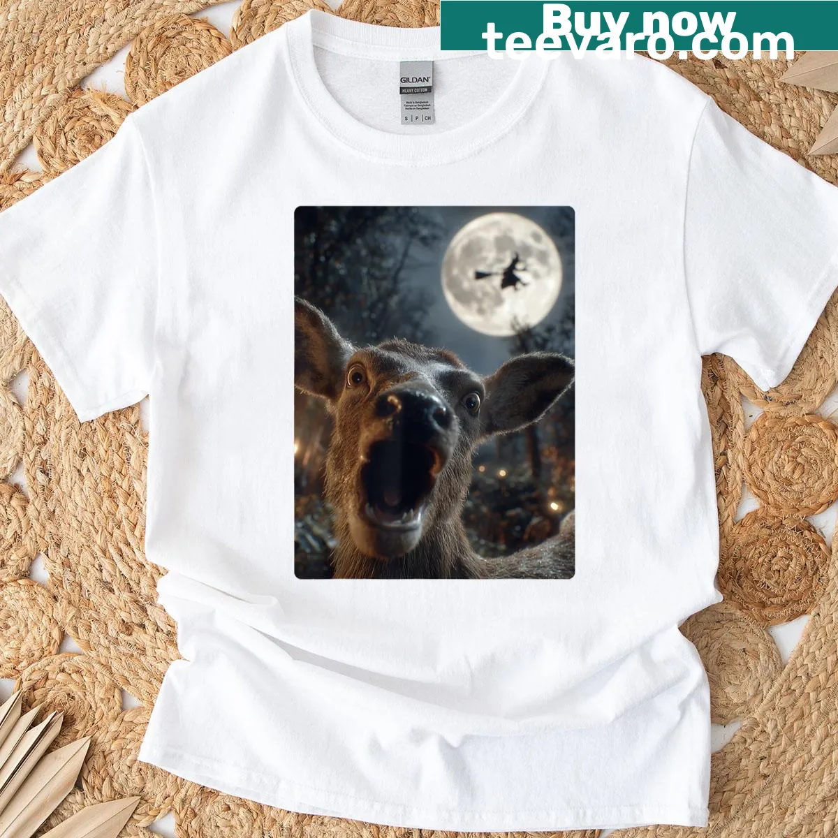 Funny Halloween t-shirt with deer taking a selfie and a witch — on a men's t-shirt