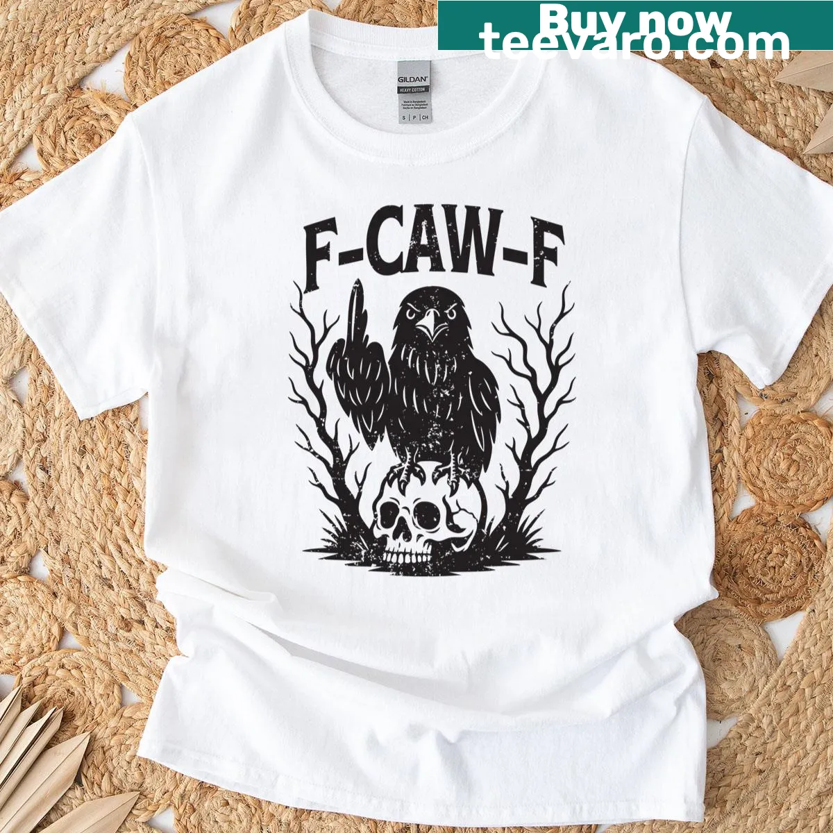 Gothic raven skull design with a pun on a Halloween t-shirt — on a men's t-shirt