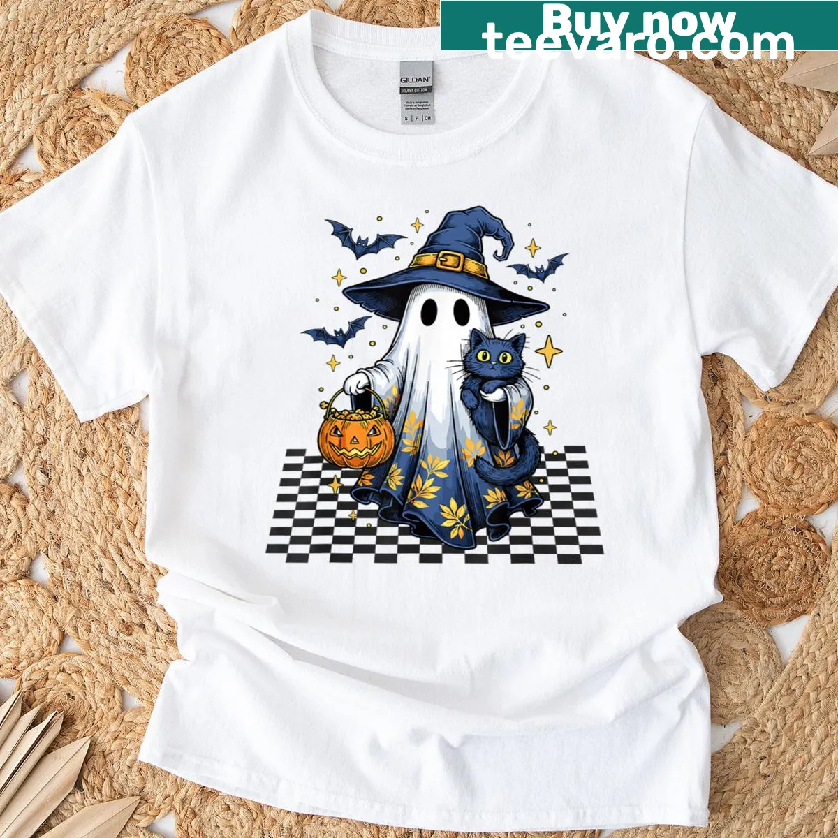 Cartoon ghost holding a cat design on a T-shirt — on a men's t-shirt