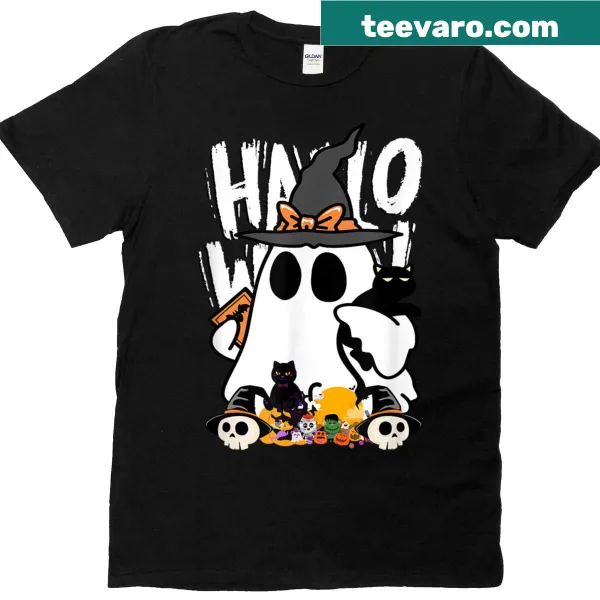 Halloween T-shirt with ghosts, pumpkins, and cute black cat graphics