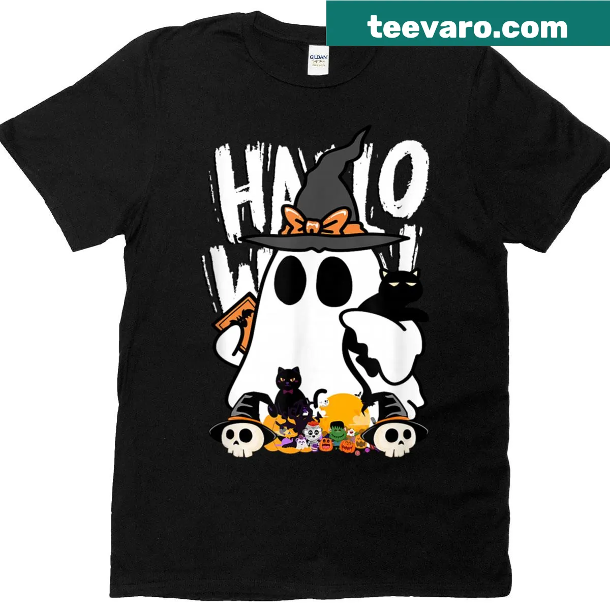 Halloween T-shirt with ghosts, pumpkins, and cute black cat graphics — on a men's t-shirt