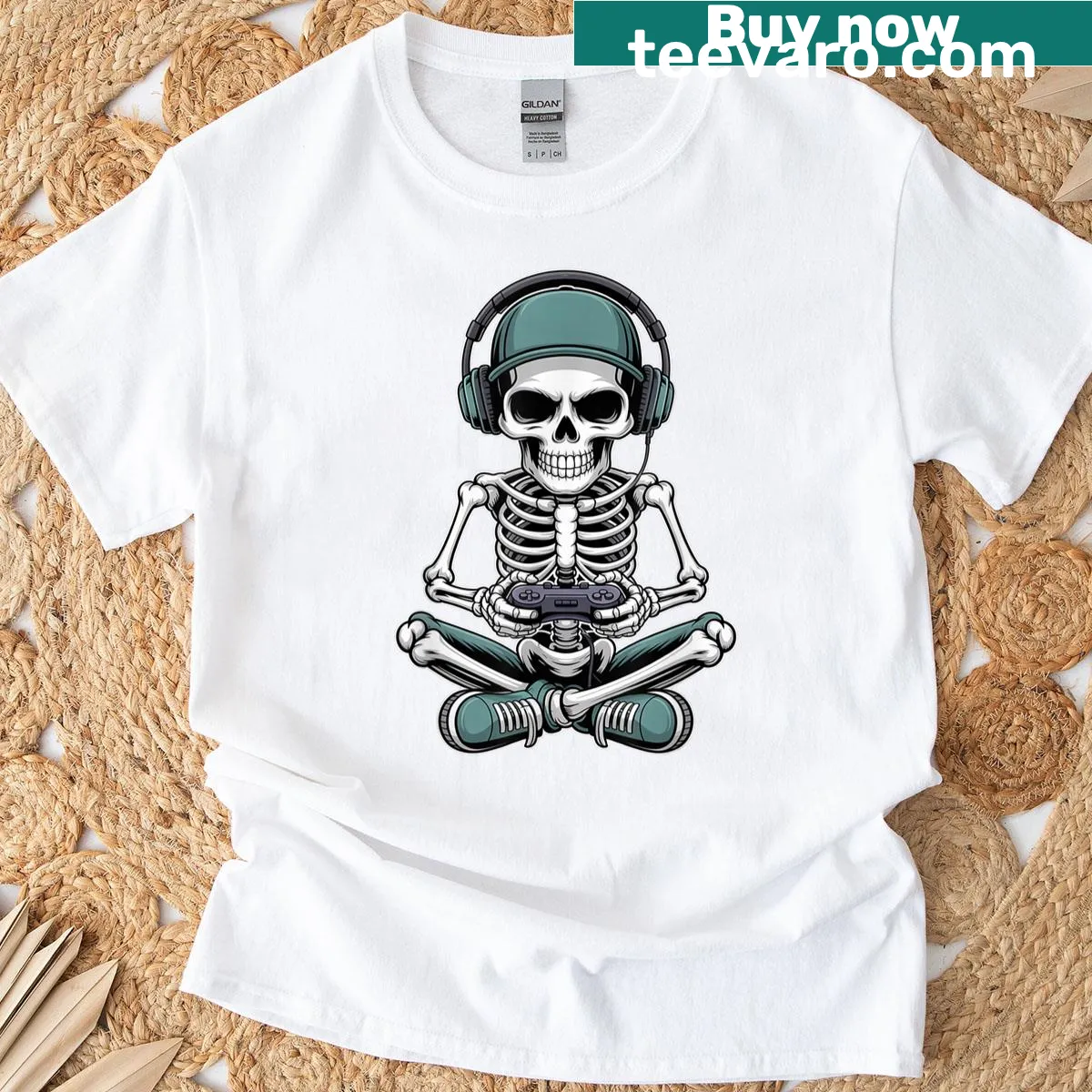 Skeleton gaming character in a playful Halloween design — on a men's t-shirt