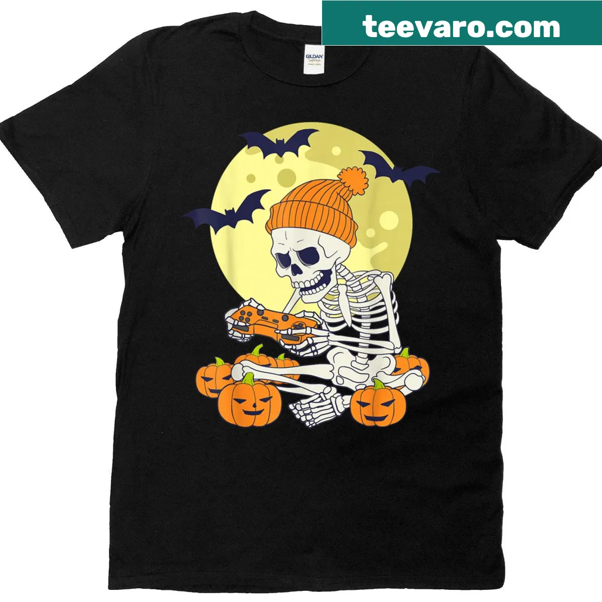 Skeleton gamer design for Halloween-themed gaming enthusiasts — on a men's t-shirt