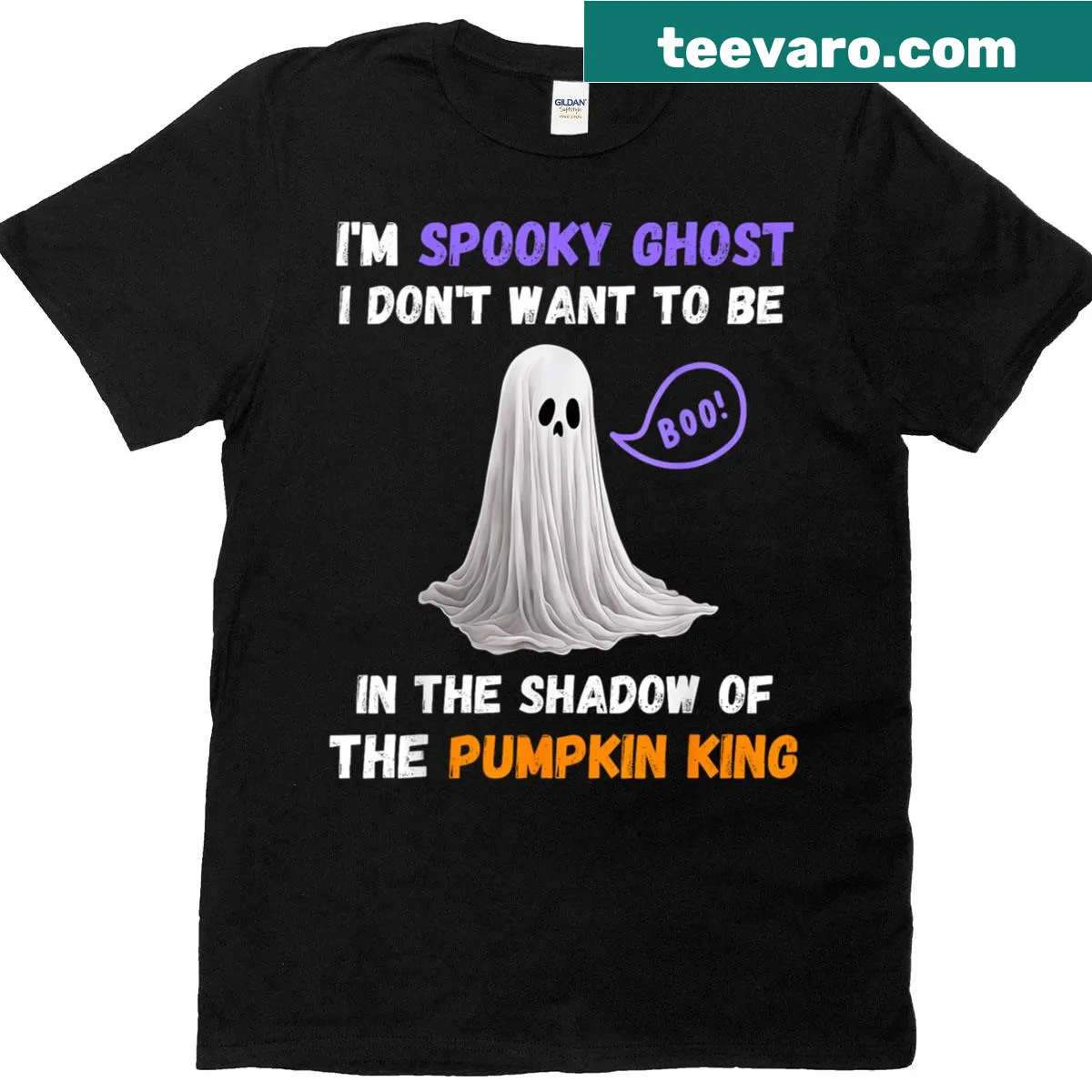 Cute ghost graphic with pumpkin and 'Boo' text for Halloween — on a men's t-shirt