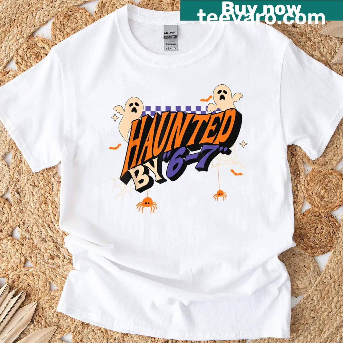 Funny Halloween T-shirt with 'Haunted by 6 7' text design — on a men's t-shirt