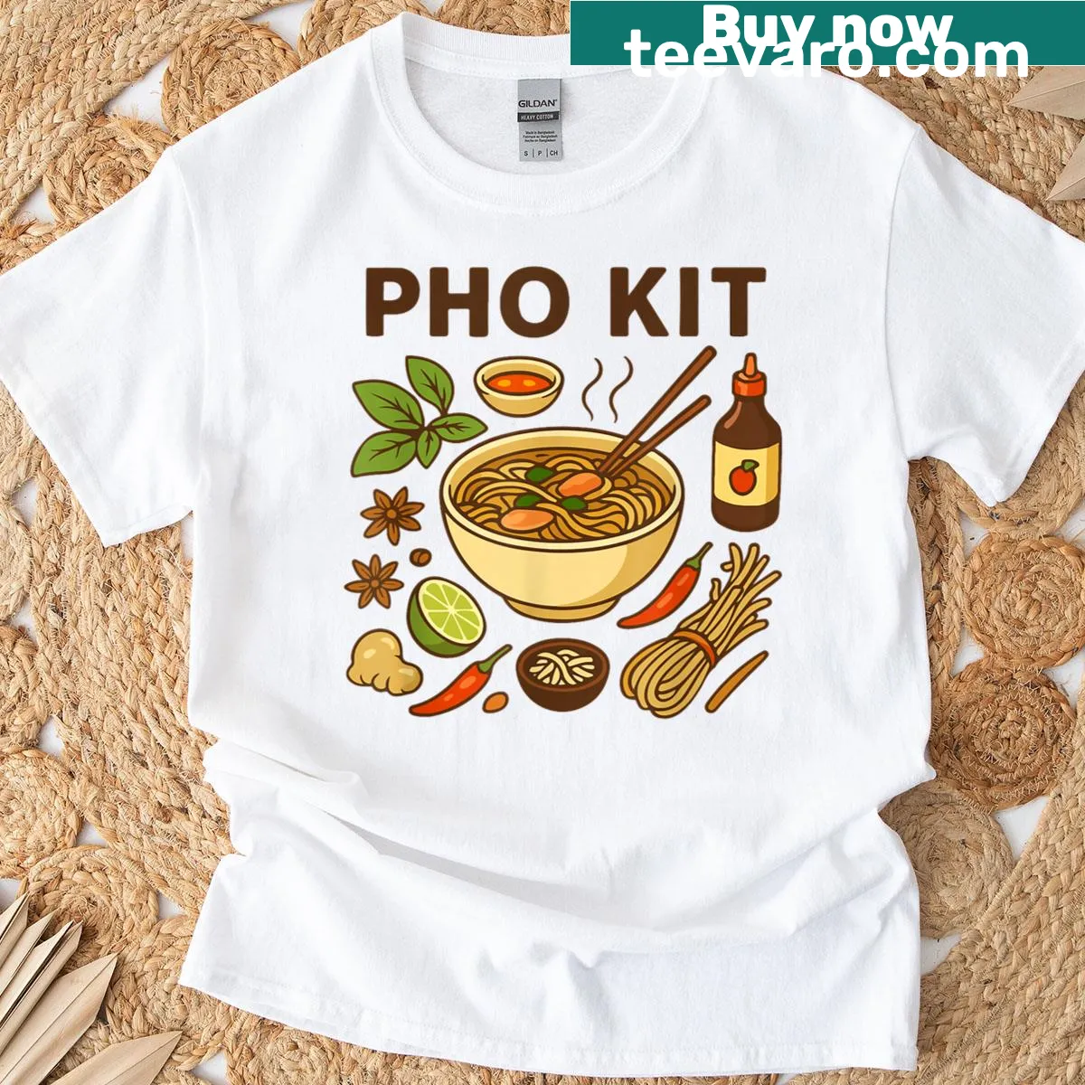 Funny Pho Kit noodle bowl pun illustration on a T-shirt — on a men's t-shirt