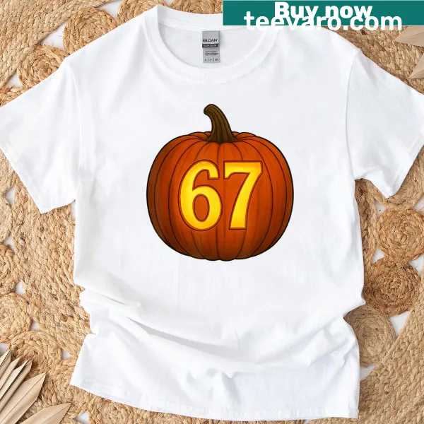 A funny Halloween t-shirt with a jack-o'-lantern and the text 'Six Seven 67'