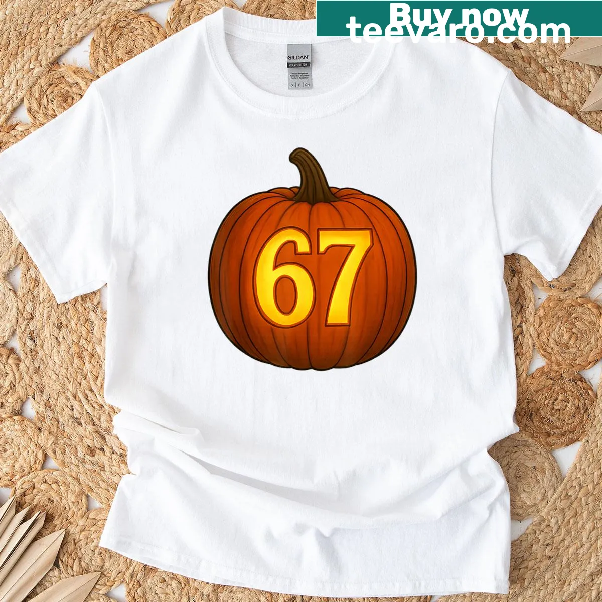 A funny Halloween t-shirt with a jack-o'-lantern and the text 'Six Seven 67' — on a men's t-shirt