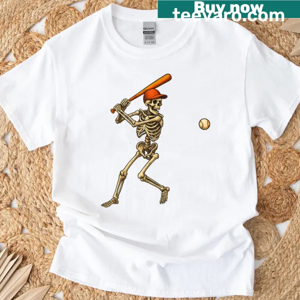 Funny skeleton baseball player graphic on a T-shirt