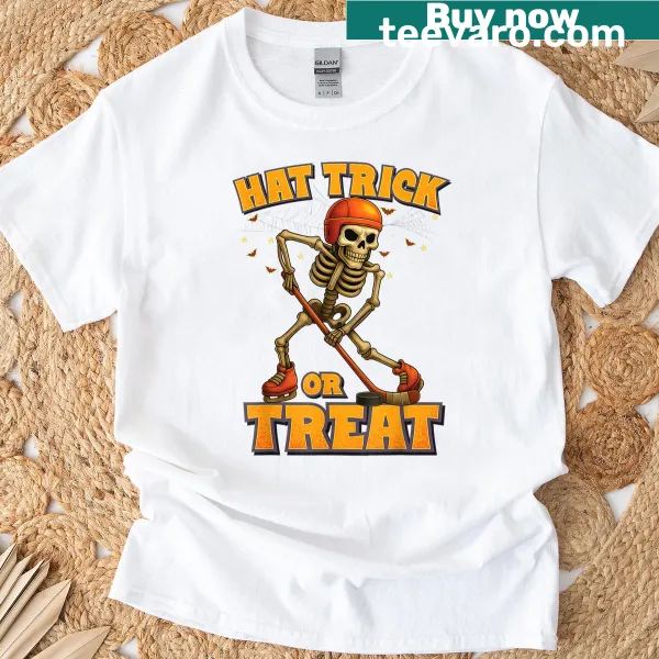 Skeleton ice hockey player graphic on a kids t-shirt