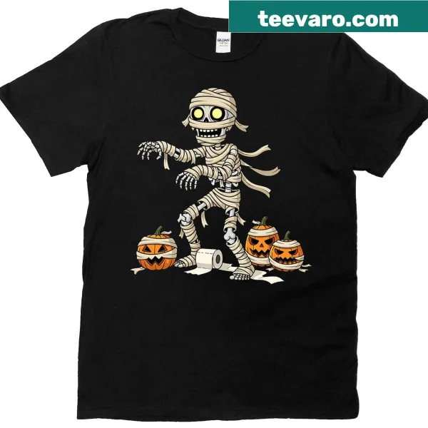 Funny Halloween T-shirt with cartoon skeleton, mummy, and pumpkin