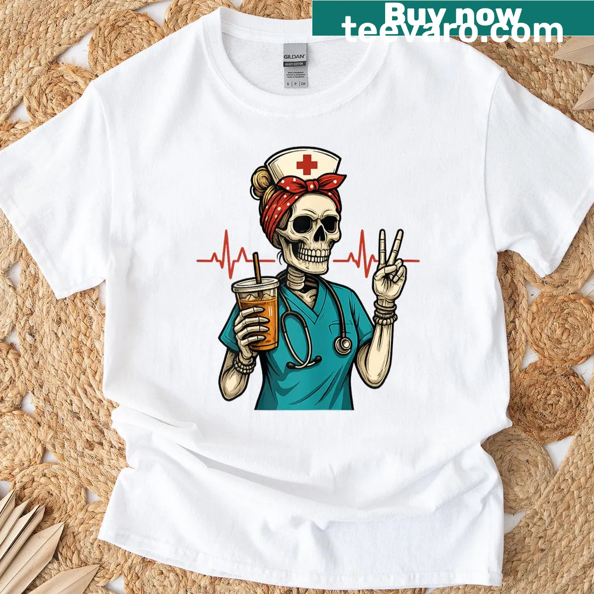 Funny skeleton nurse holding coffee illustrated on a Halloween t-shirt — on a men's t-shirt