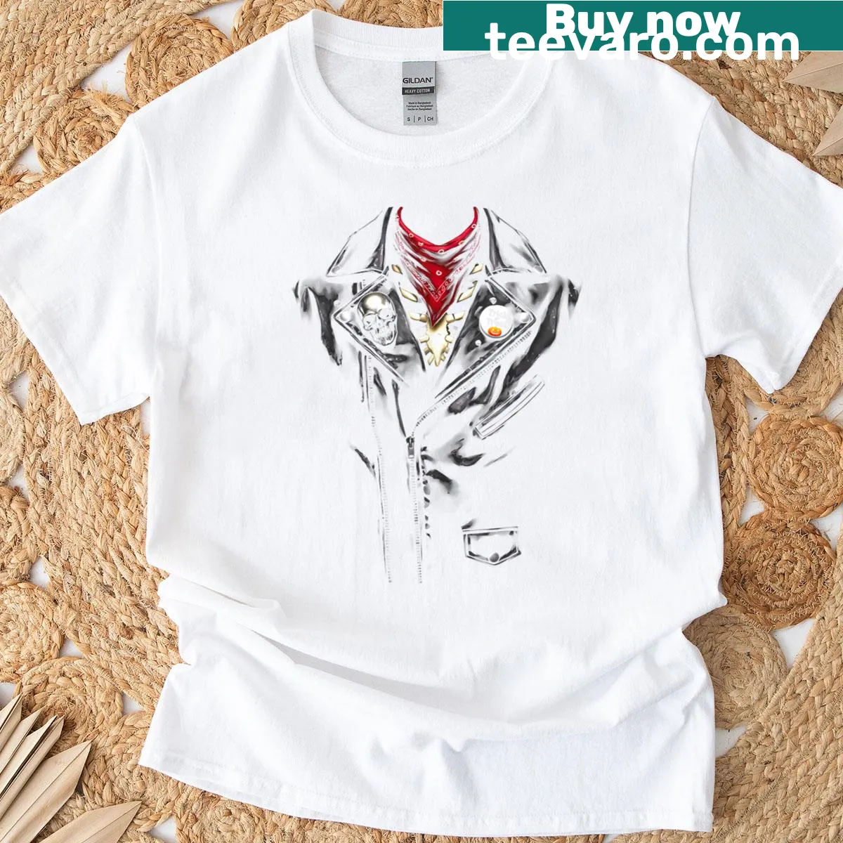 Funny skeleton wearing a bandana illustrated on a t-shirt — on a men's t-shirt