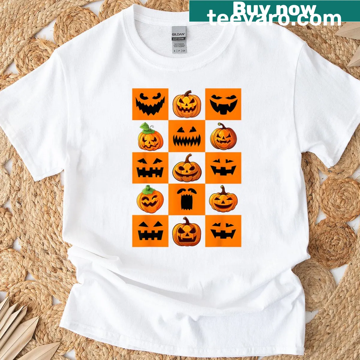 Grid of cute pumpkin faces in a cartoon style for Halloween on a t-shirt. — on a men's t-shirt