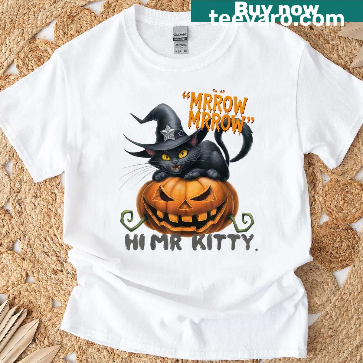 A playful T-shirt featuring a black cat saying 'Mrrrow Mrrrow' with a pumpkin — on a men's t-shirt