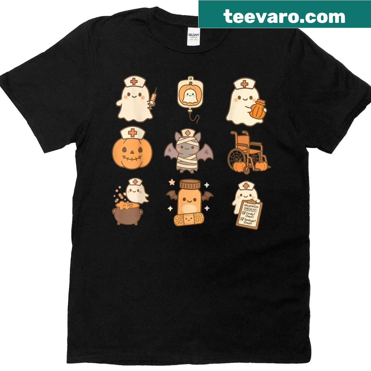 Spooky Halloween T-shirt for nurses featuring pumpkin and ghost — on a men's t-shirt