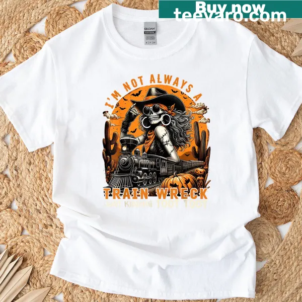 Skeleton cowgirl in a funny train wreck theme for Halloween