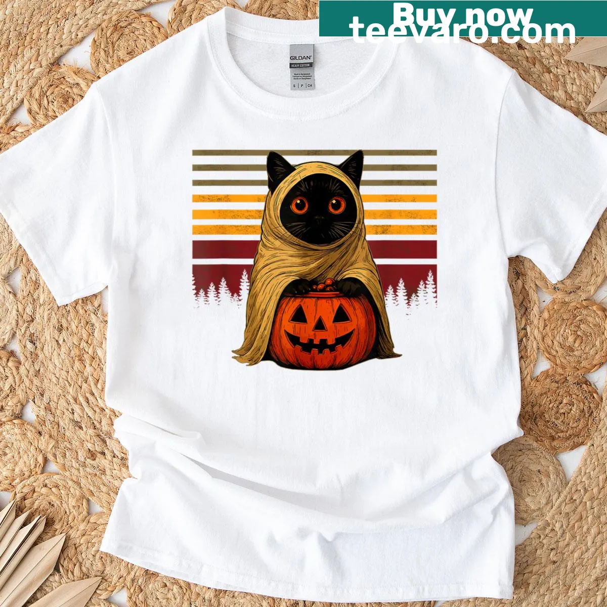 Vintage-style T-shirt with a black cat, pumpkin, and ghost graphic — on a men's t-shirt
