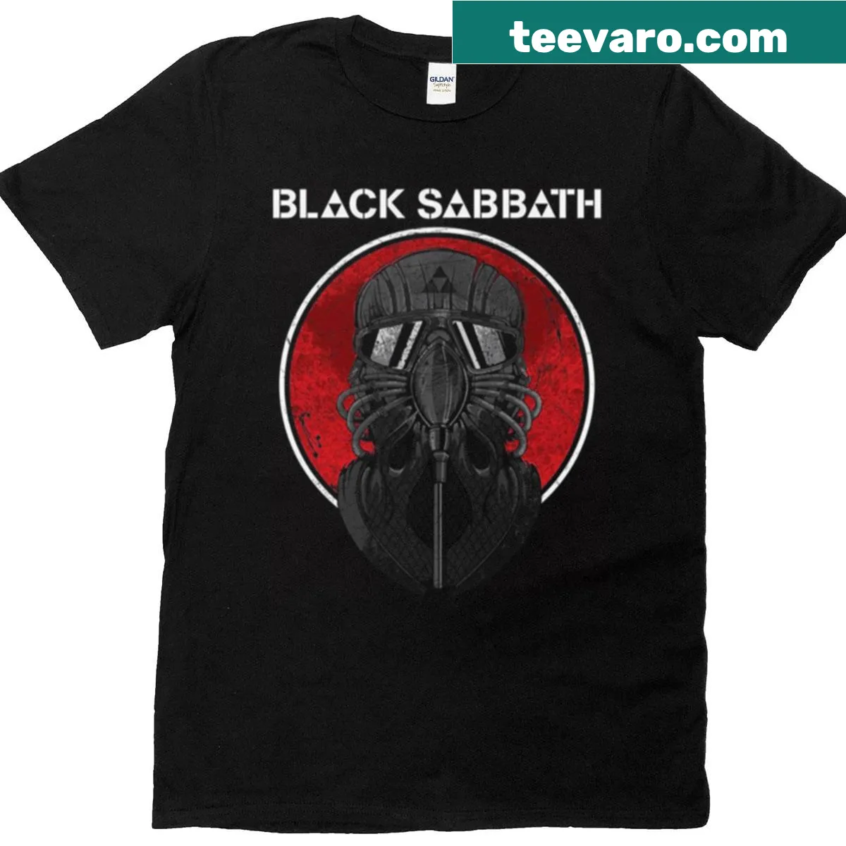 Minimalist T-shirt featuring futuristic mask graphic — on a men's t-shirt