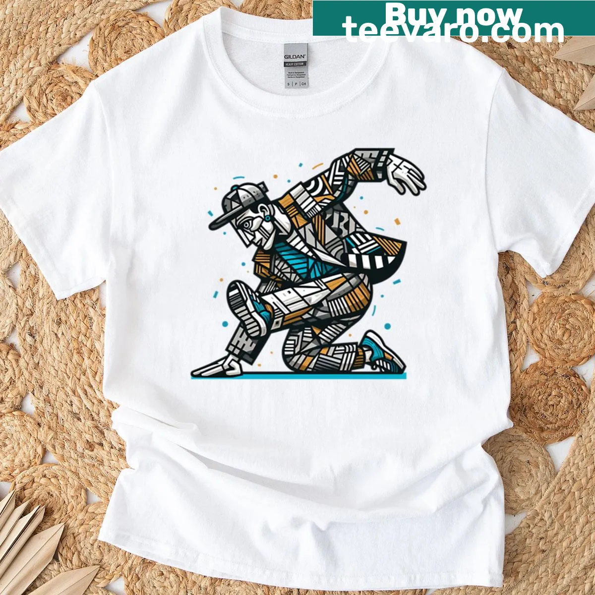 Geometric design of a breakdancer wearing a cap and sneakers. — on a men's t-shirt