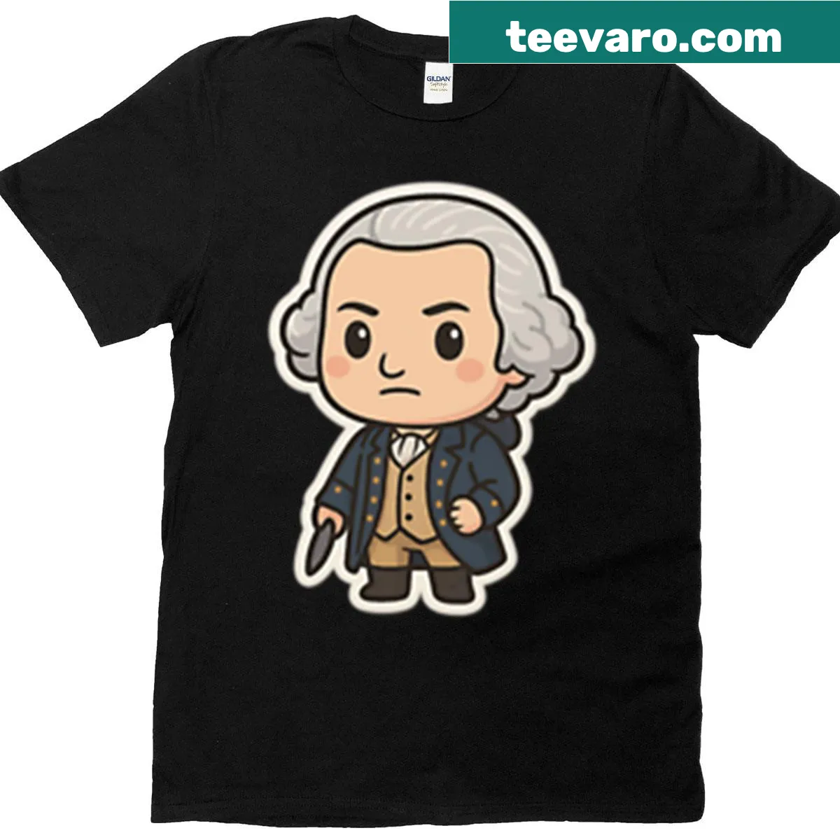 Chibi-style illustration of George Washington on a T-shirt. — on a men's t-shirt