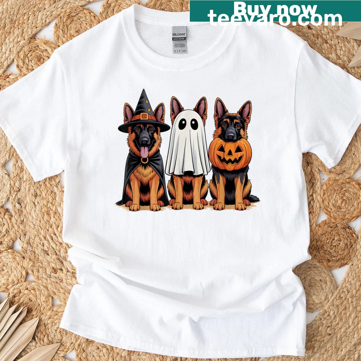 German Shepherd in a witch costume with a pumpkin for Halloween — on a men's t-shirt