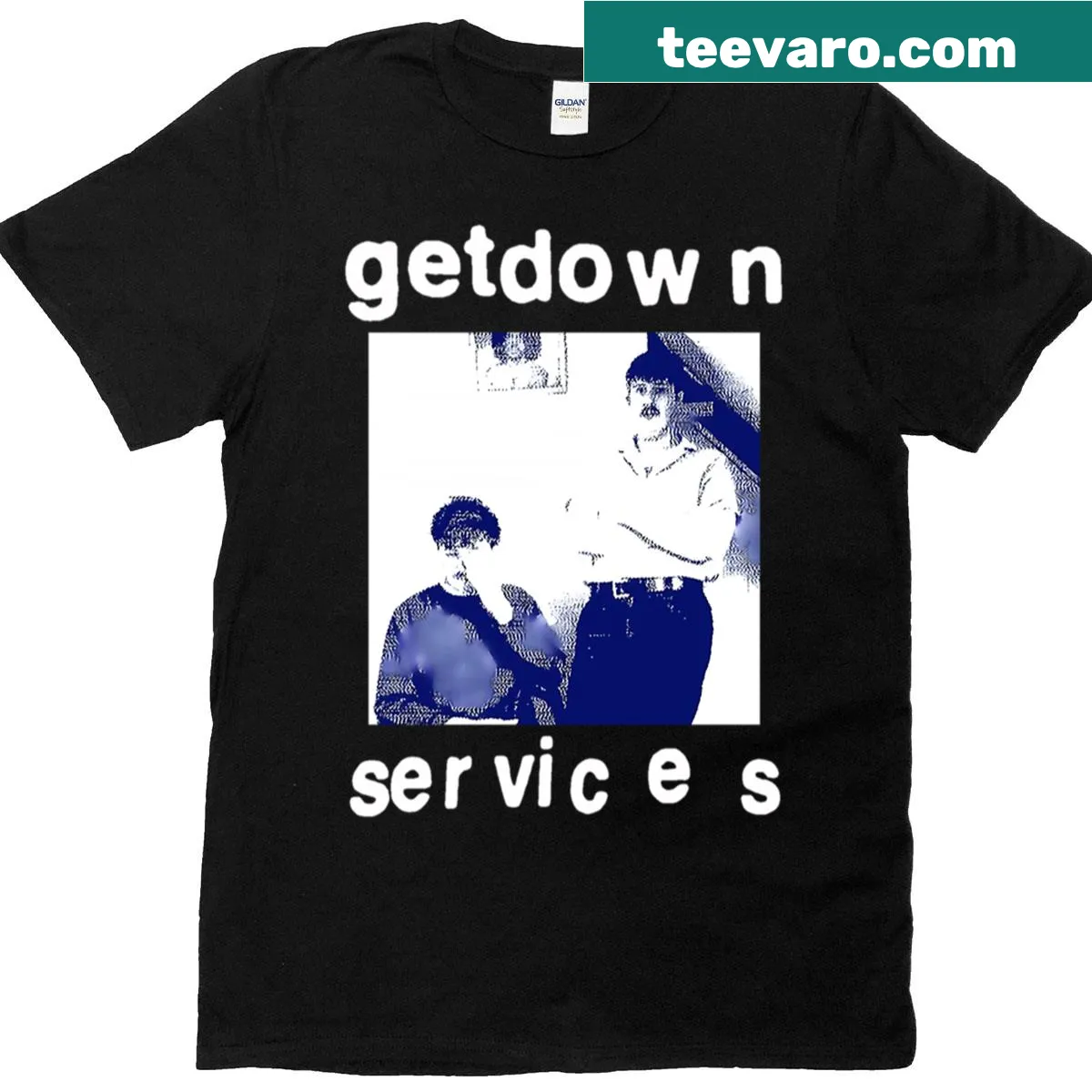 Grunge-style Getdown Services graphic on a T-shirt. — on a men's t-shirt