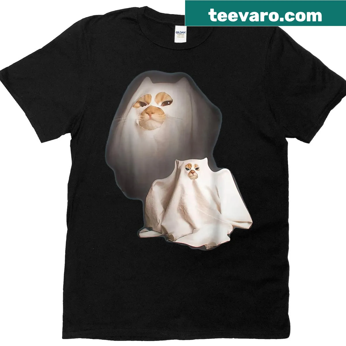 Ghost Cat Halloween meme t-shirt featuring humorous cat graphics — on a men's t-shirt