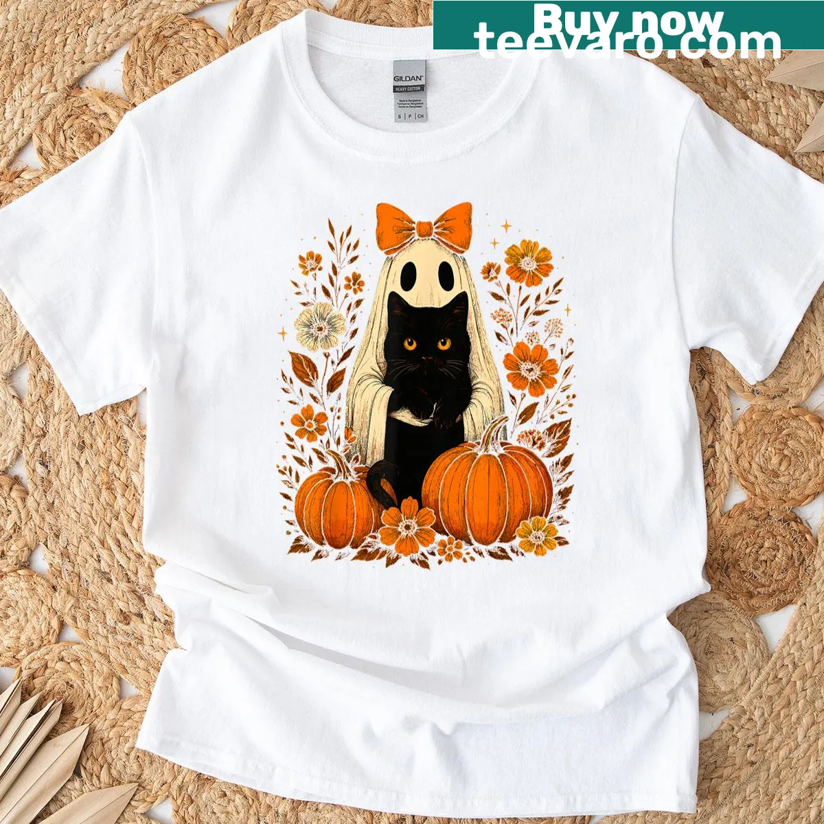 Friendly ghost holding a black cat with floral pumpkins — on a men's t-shirt